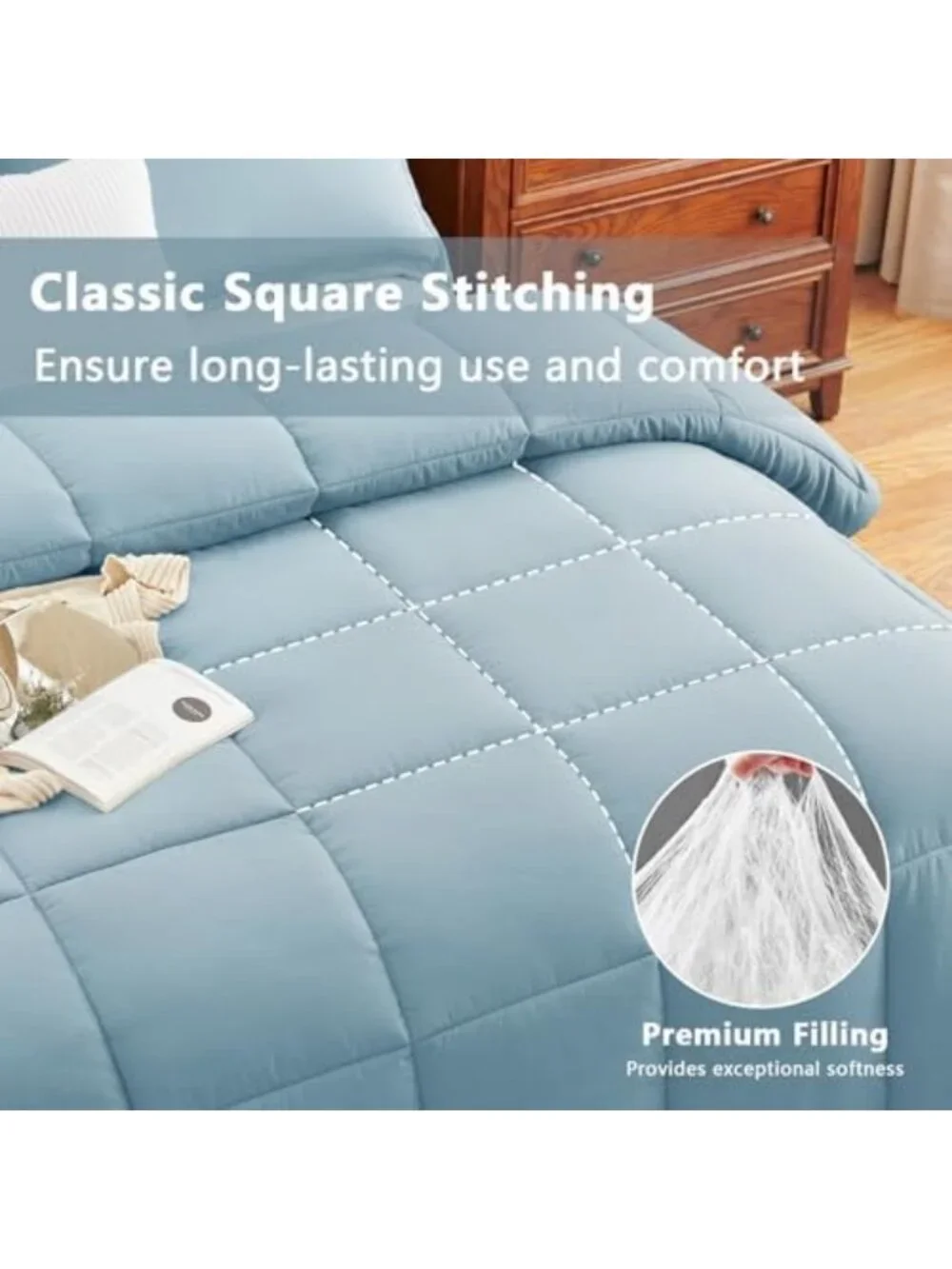 Cozy King Size 3-Piece Comforter Set - Box-Stitched Design, Light Blue Bedding